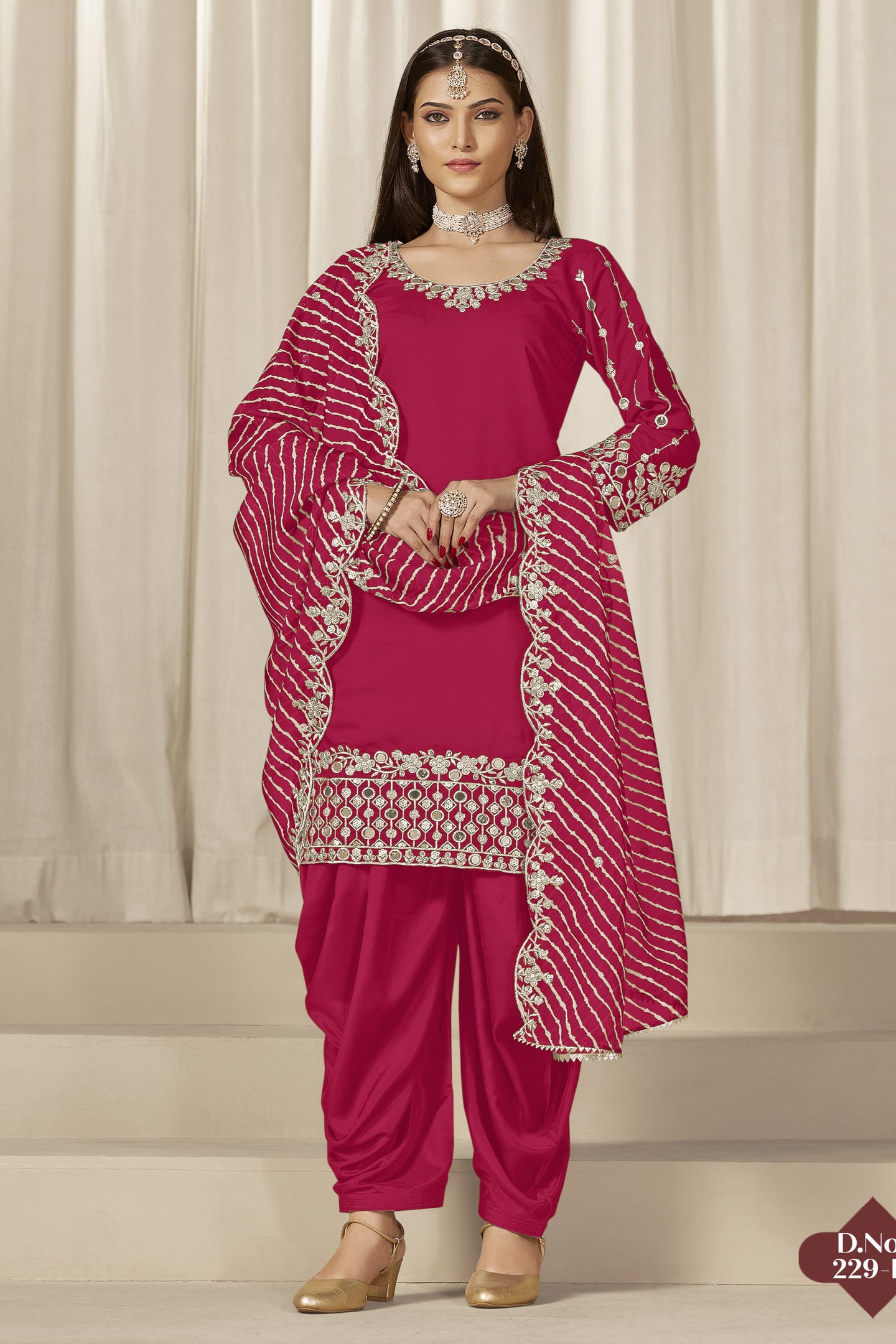 Dark Pink Chinon Silk Salwar Kameez Wedding Guest Suit with Zari and Mirror Work