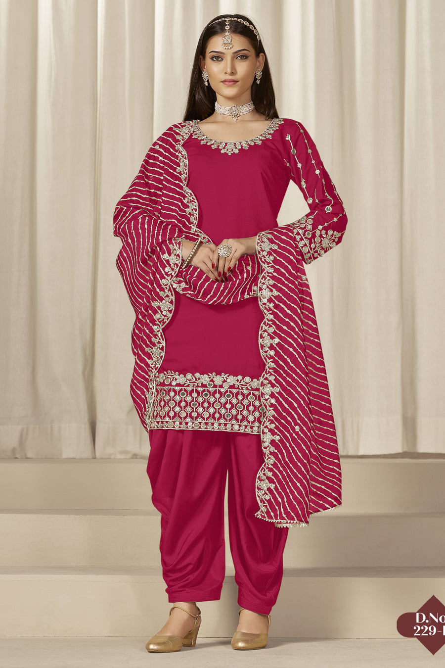 Dark Pink Chinon Silk Salwar Kameez Wedding Guest Suit with Zari and Mirror Work