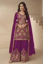 Plum Chinon Silk Plazo Suit for Women with Thread & Sequins Embroidery