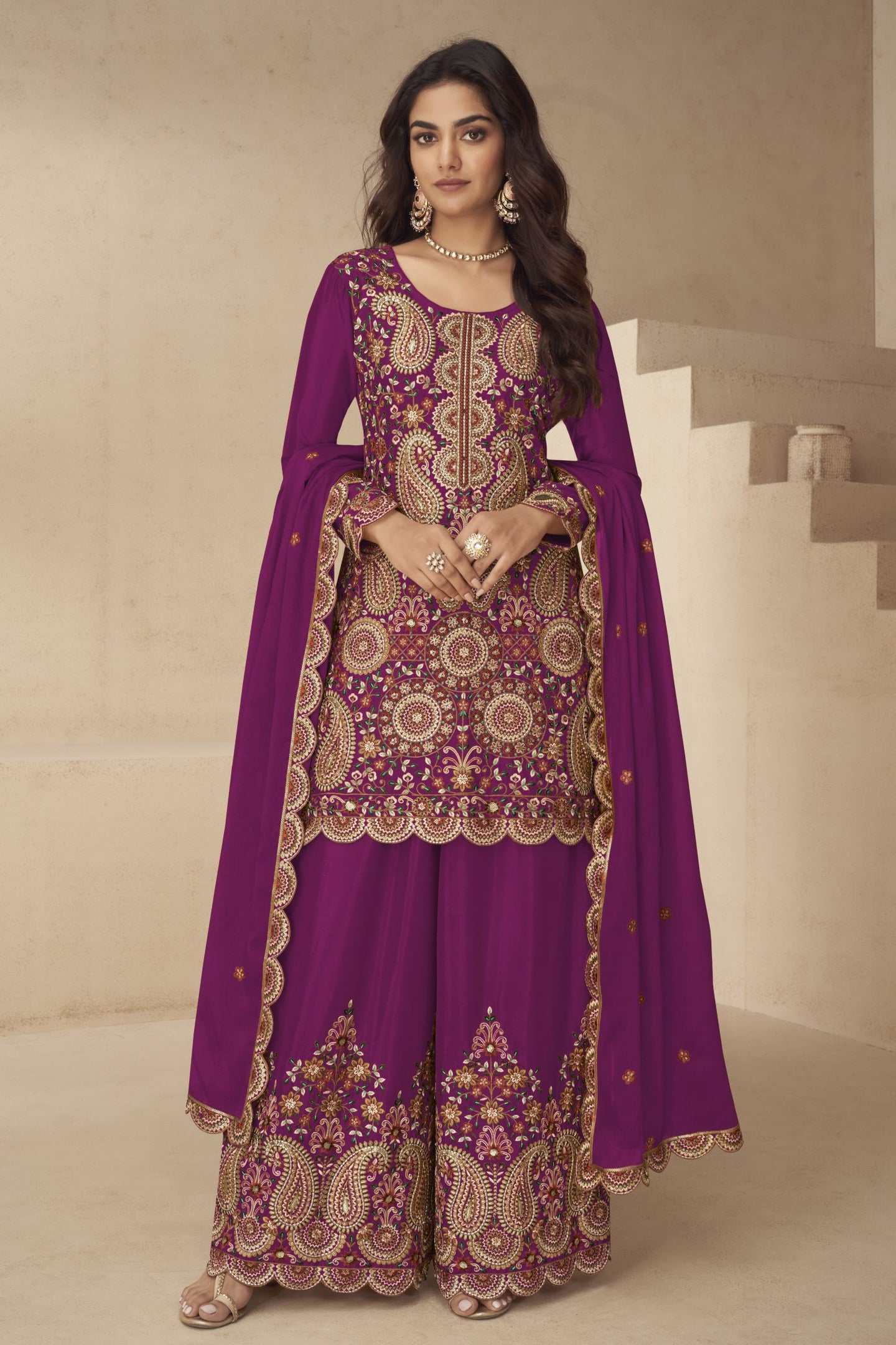 Plum Chinon Silk Plazo Suit for Women with Thread & Sequins Embroidery