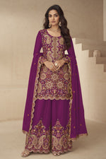 Plum Chinon Silk Plazo Suit for Women with Thread & Sequins Embroidery