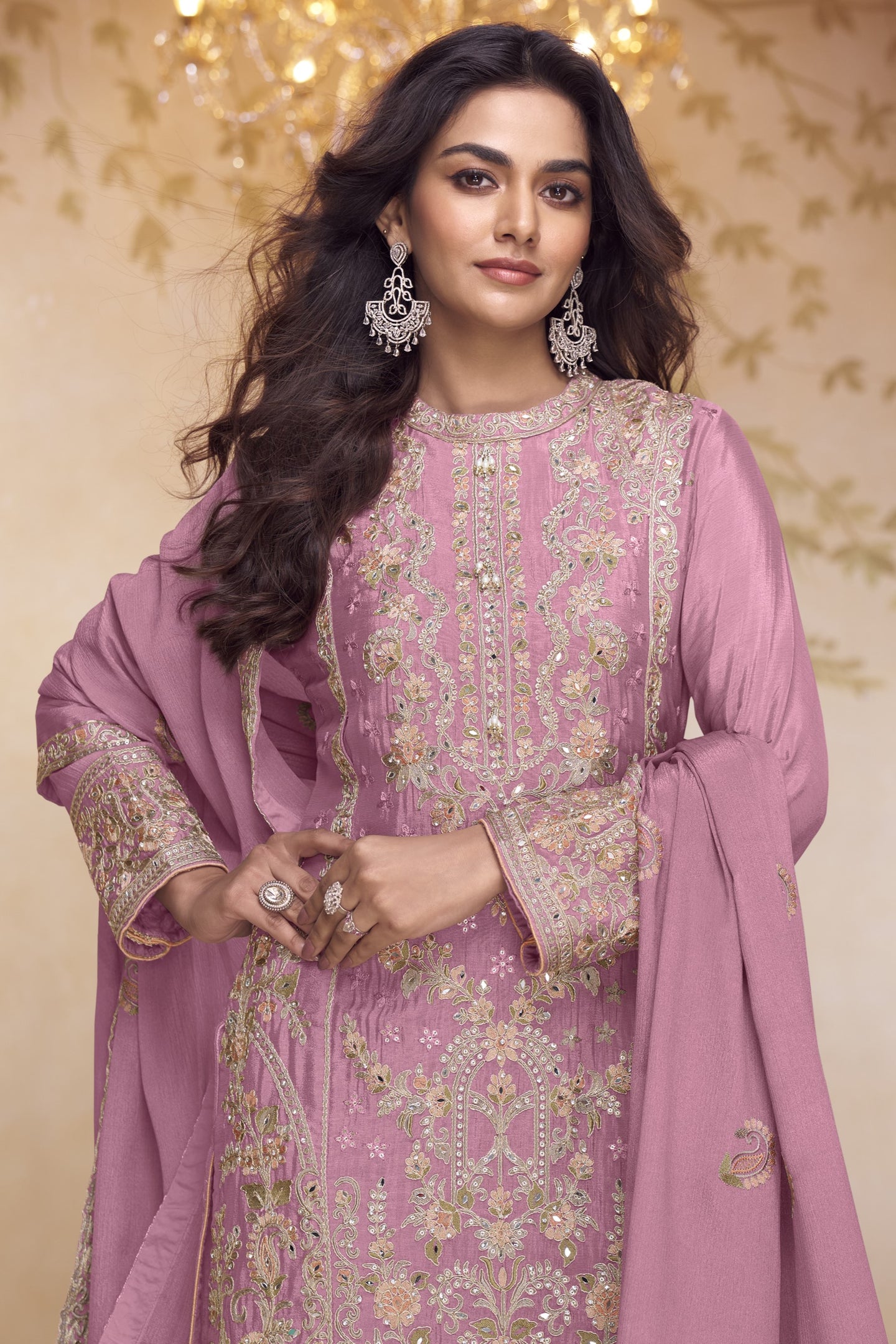 Festival Wear Dark Pink Chinon Silk Kameez with Palazo in Embroidery & Mirror Work