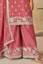 Dark Pink Chinon Silk Wedding Plazo Dress for Women with Embroidery