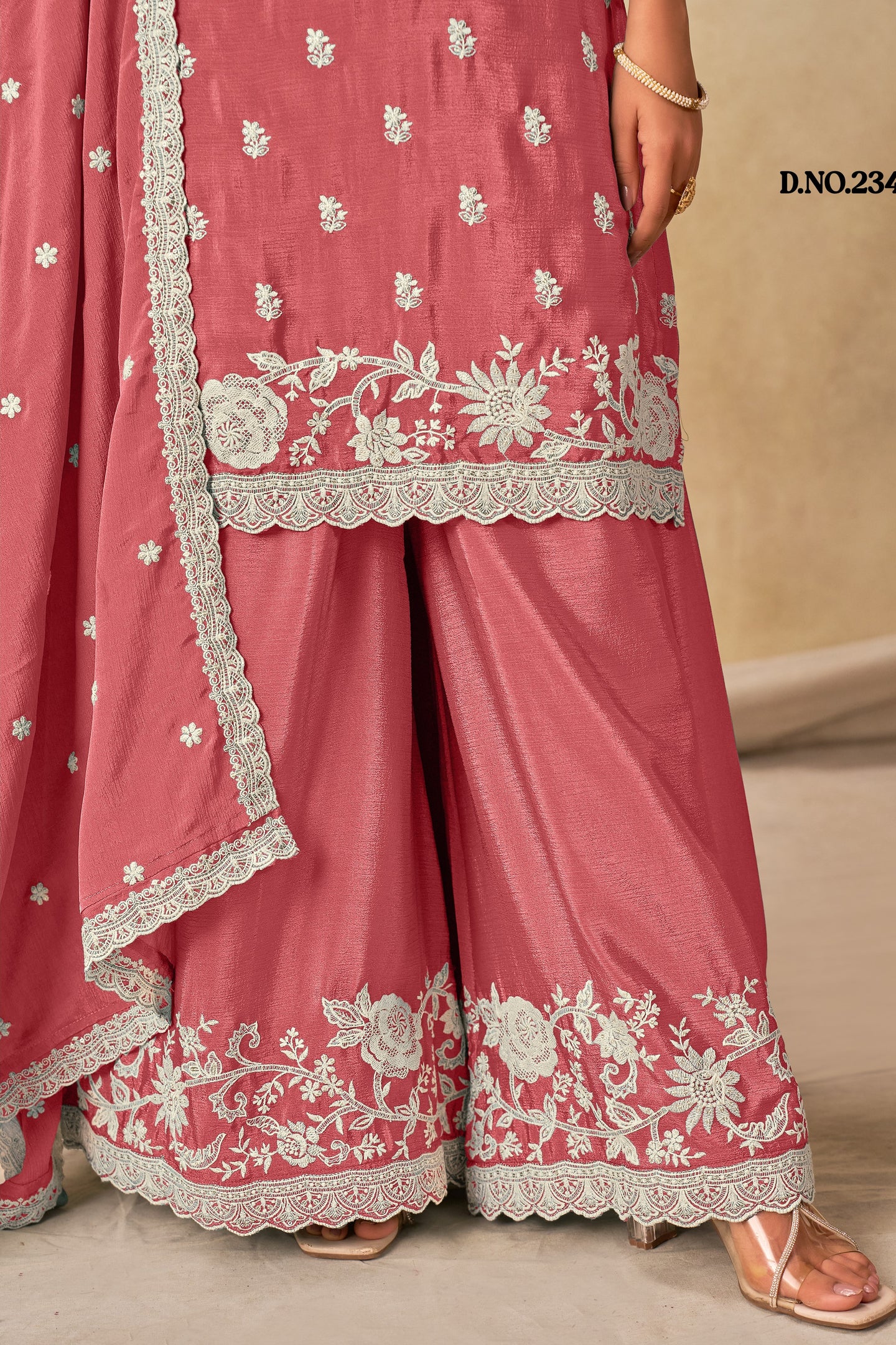 Dark Pink Chinon Silk Wedding Plazo Dress for Women with Embroidery