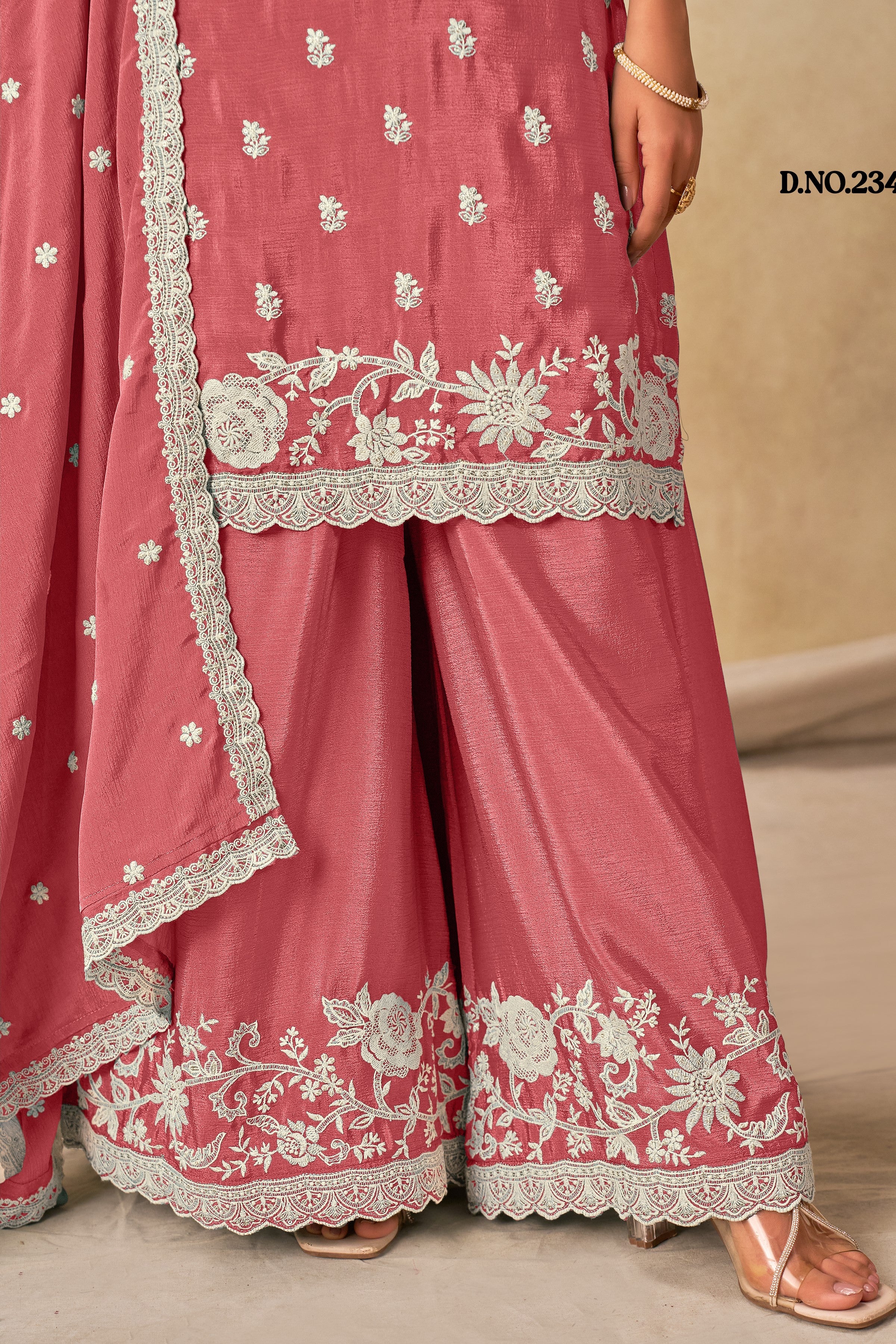 Dark Pink Chinon Silk Wedding Plazo Dress for Women with Embroidery