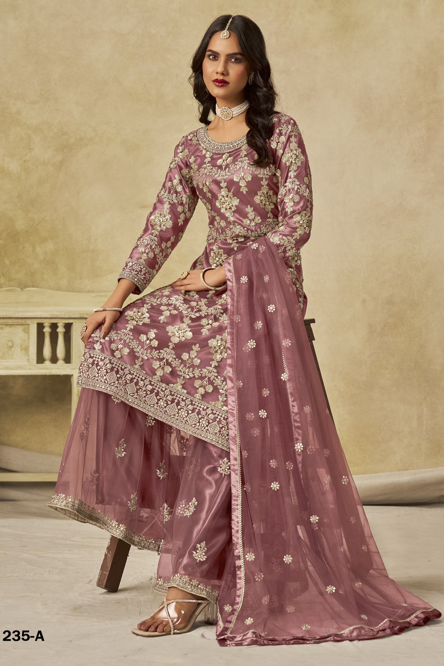 Dark Pink Net Plazo Suit Design for Wedding with Embroidery