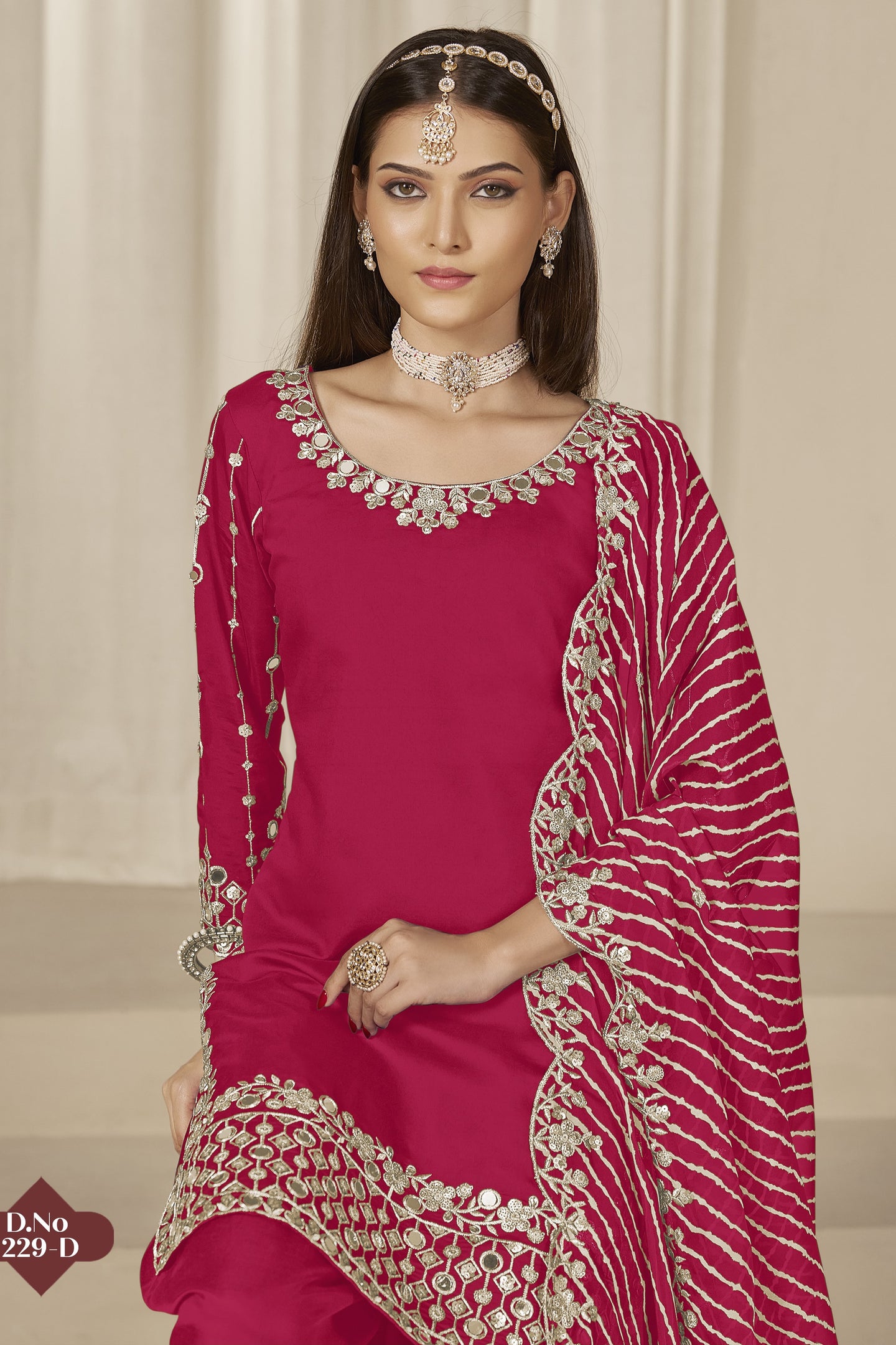 Dark Pink Chinon Silk Salwar Kameez Wedding Guest Suit with Zari and Mirror Work