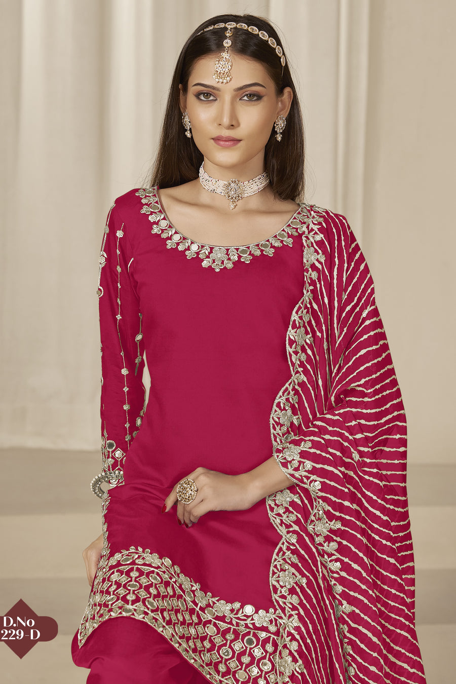 Dark Pink Chinon Silk Salwar Kameez Wedding Guest Suit with Zari and Mirror Work