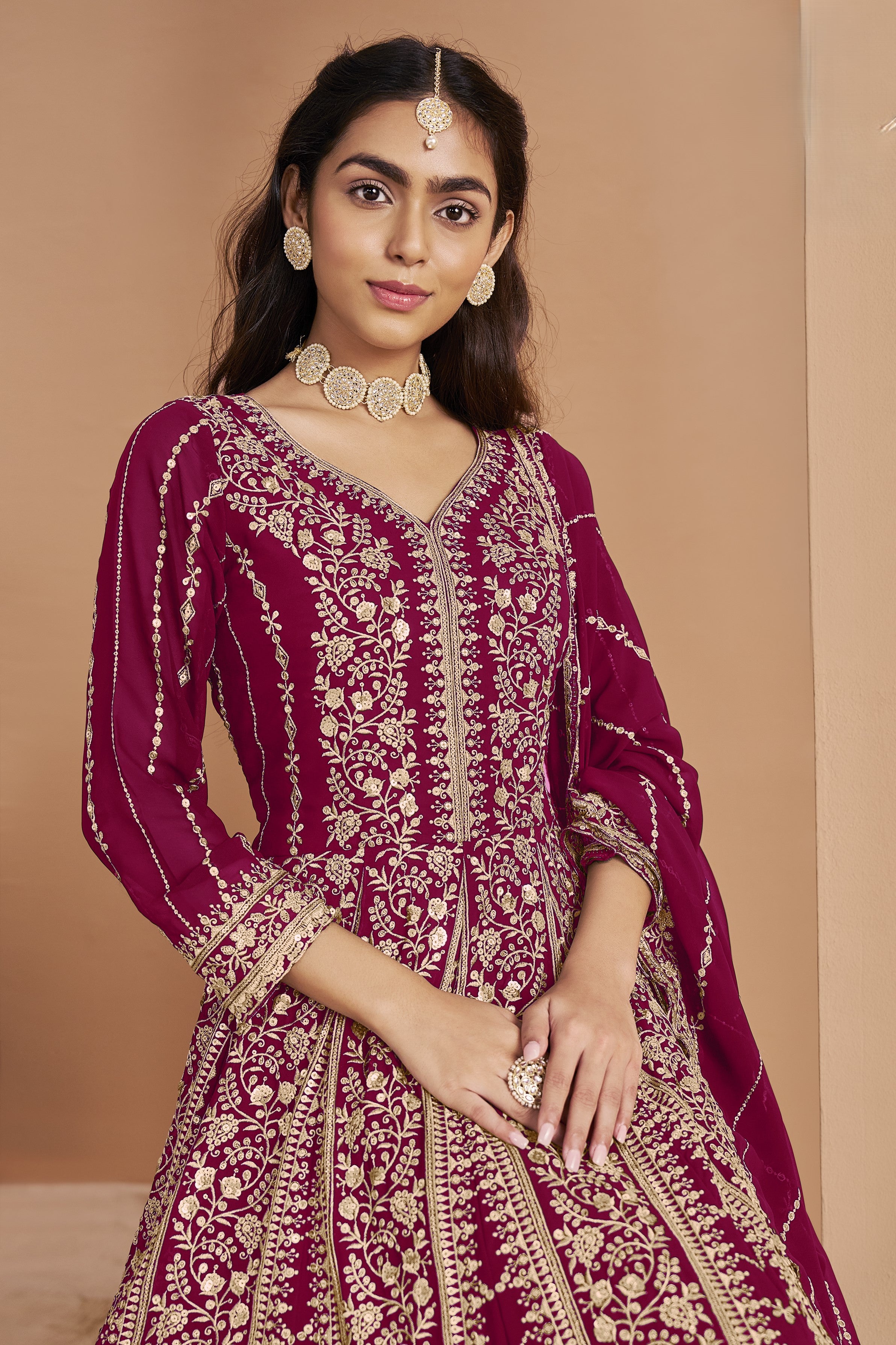 Dark Pink Georgette Anarkali Dress for Reception with Thread and Sequins Embroidery