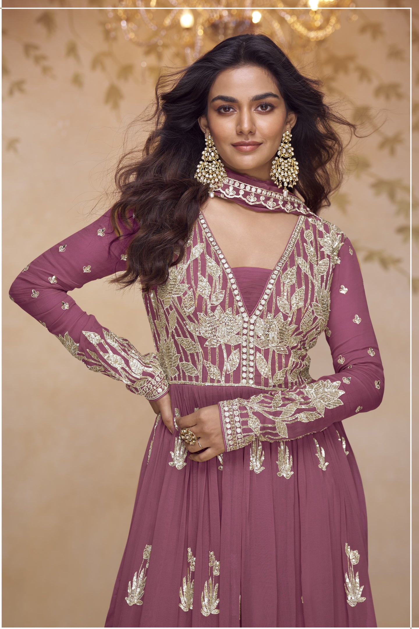 Dark Pink Chinon Silk Latest Plazo Design for Wedding with Sequins Work