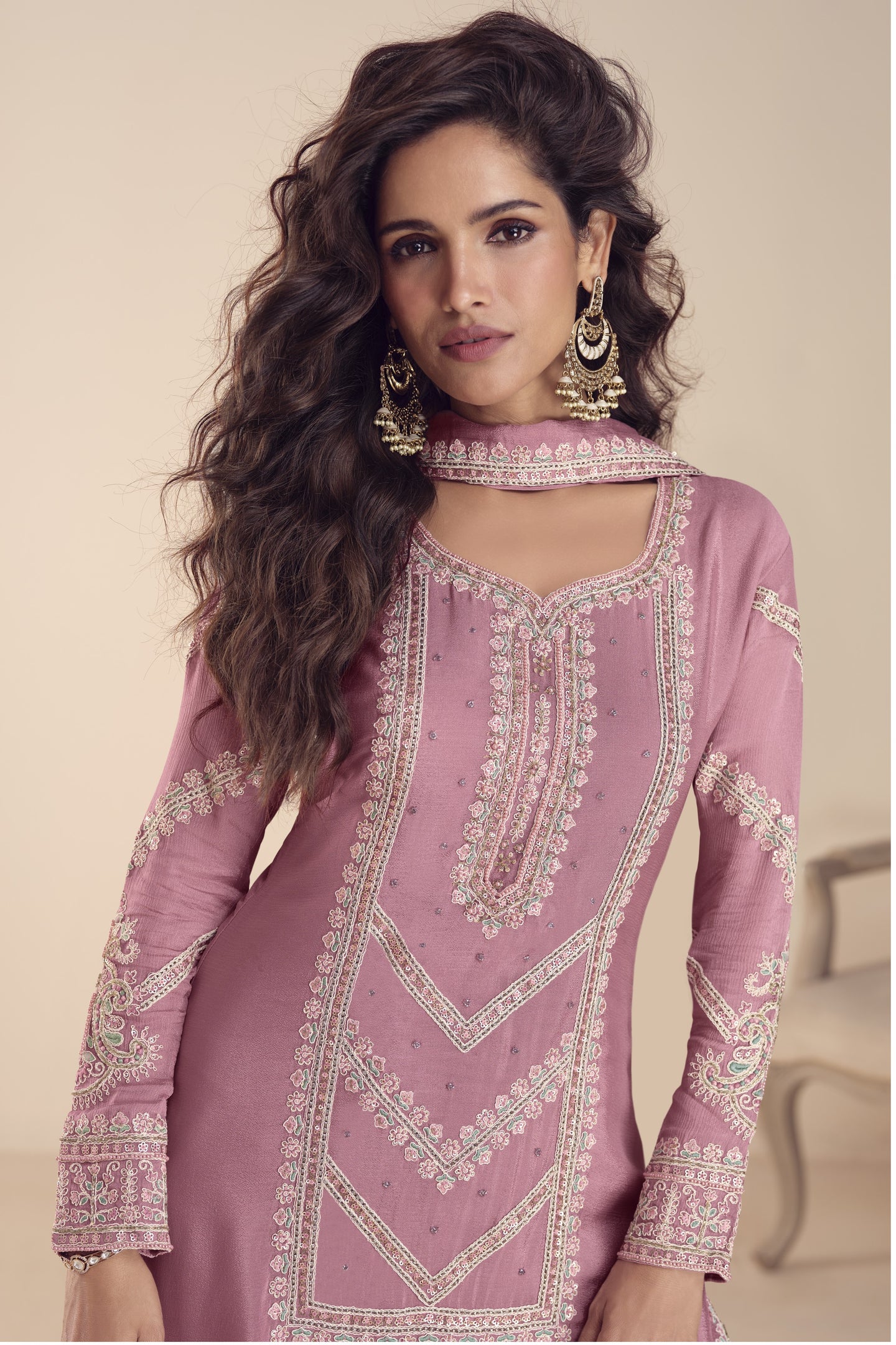 Indian Wedding Dresses Dark Pink Chinon Silk Palazzo Suit with Moti and Thread Embroidery Work