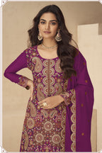 Plum Chinon Silk Plazo Suit for Women with Thread & Sequins Embroidery