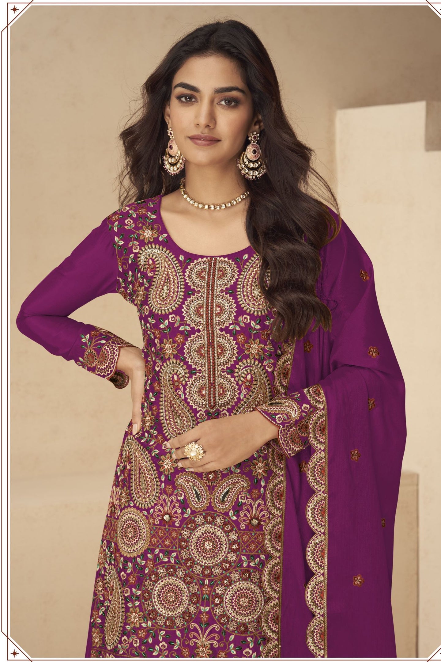 Plum Chinon Silk Plazo Suit for Women with Thread & Sequins Embroidery