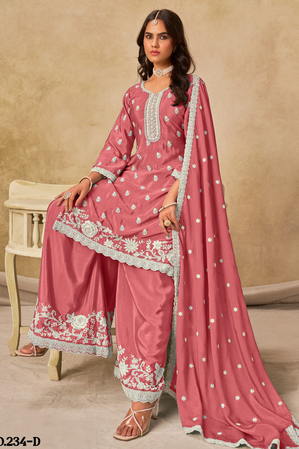 Dark Pink Chinon Silk Wedding Plazo Dress for Women with Embroidery