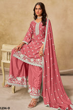 Dark Pink Chinon Silk Wedding Plazo Dress for Women with Embroidery