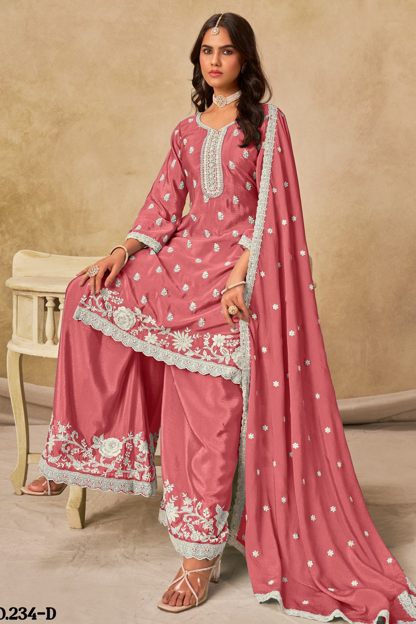 Dark Pink Chinon Silk Wedding Plazo Dress for Women with Embroidery