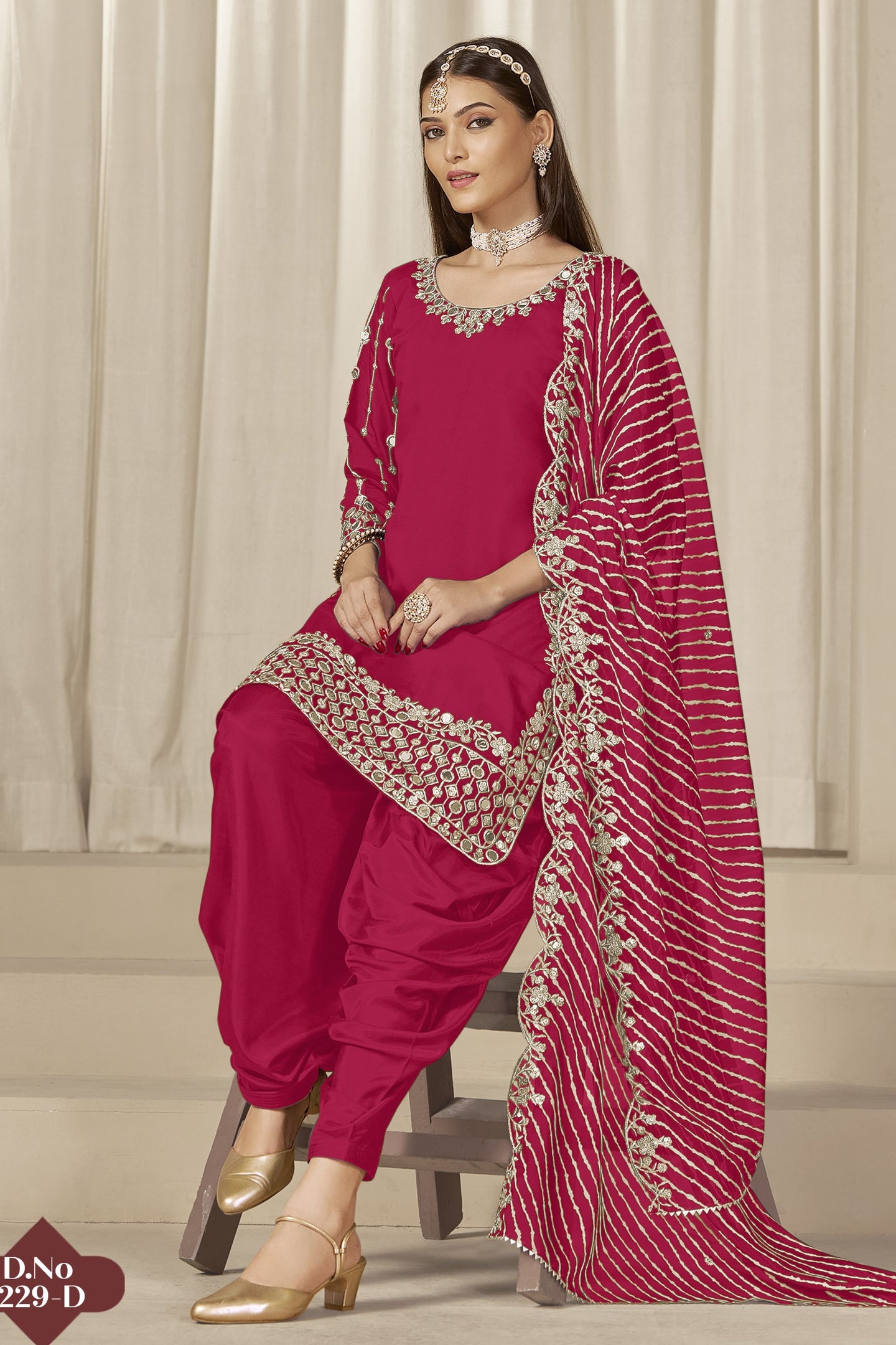 Dark Pink Chinon Silk Salwar Kameez Wedding Guest Suit with Zari and Mirror Work