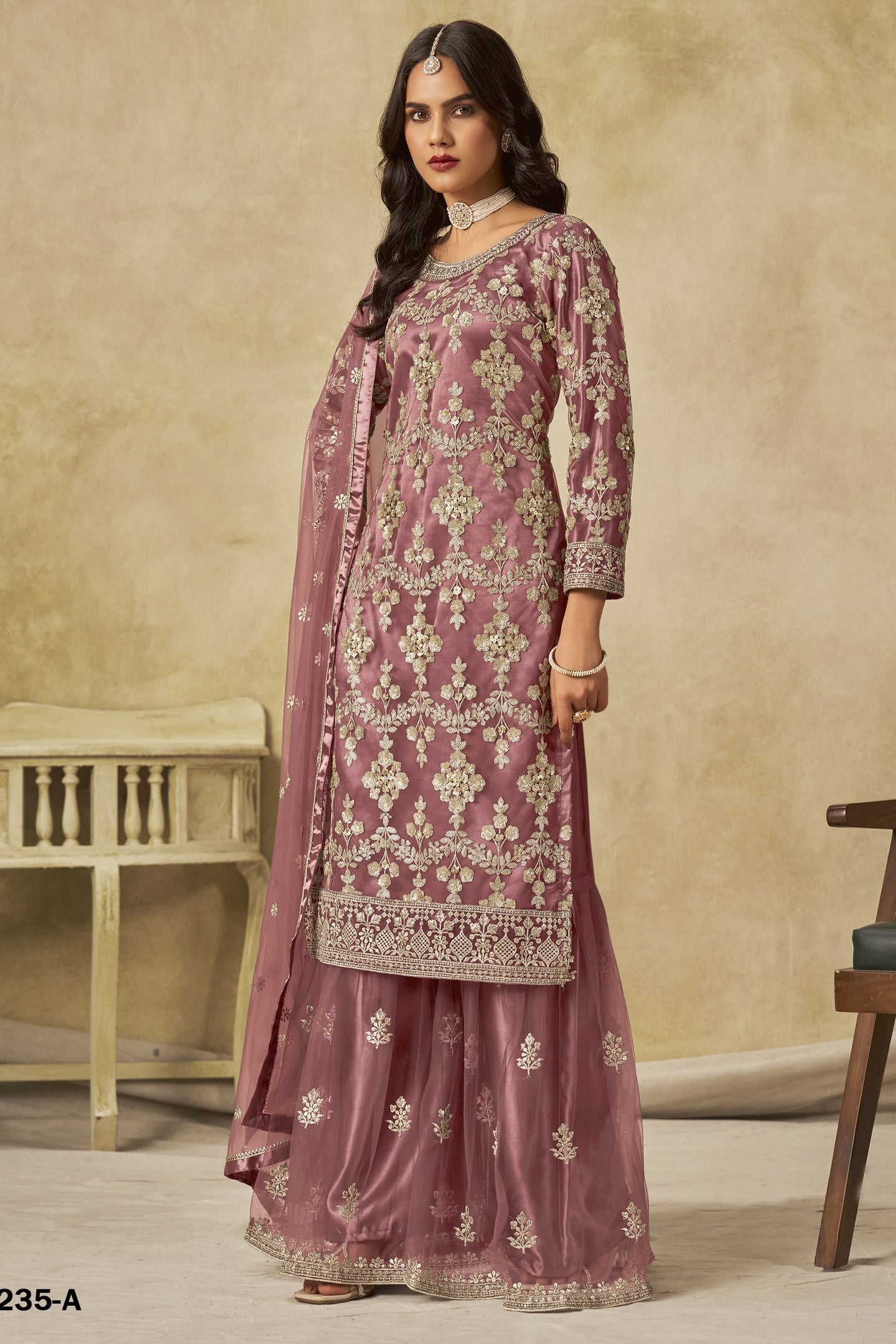 Dark Pink Net Plazo Suit Design for Wedding with Embroidery