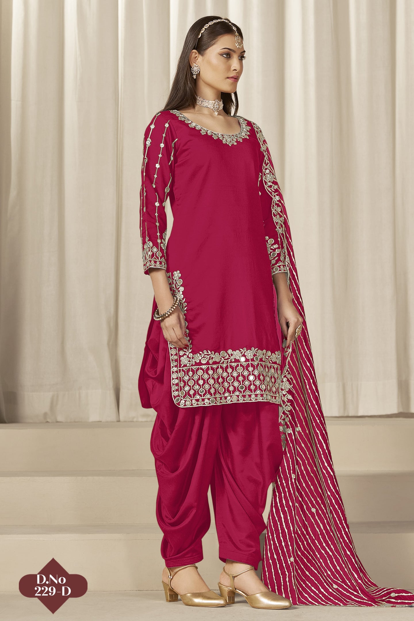 Dark Pink Chinon Silk Salwar Kameez Wedding Guest Suit with Zari and Mirror Work