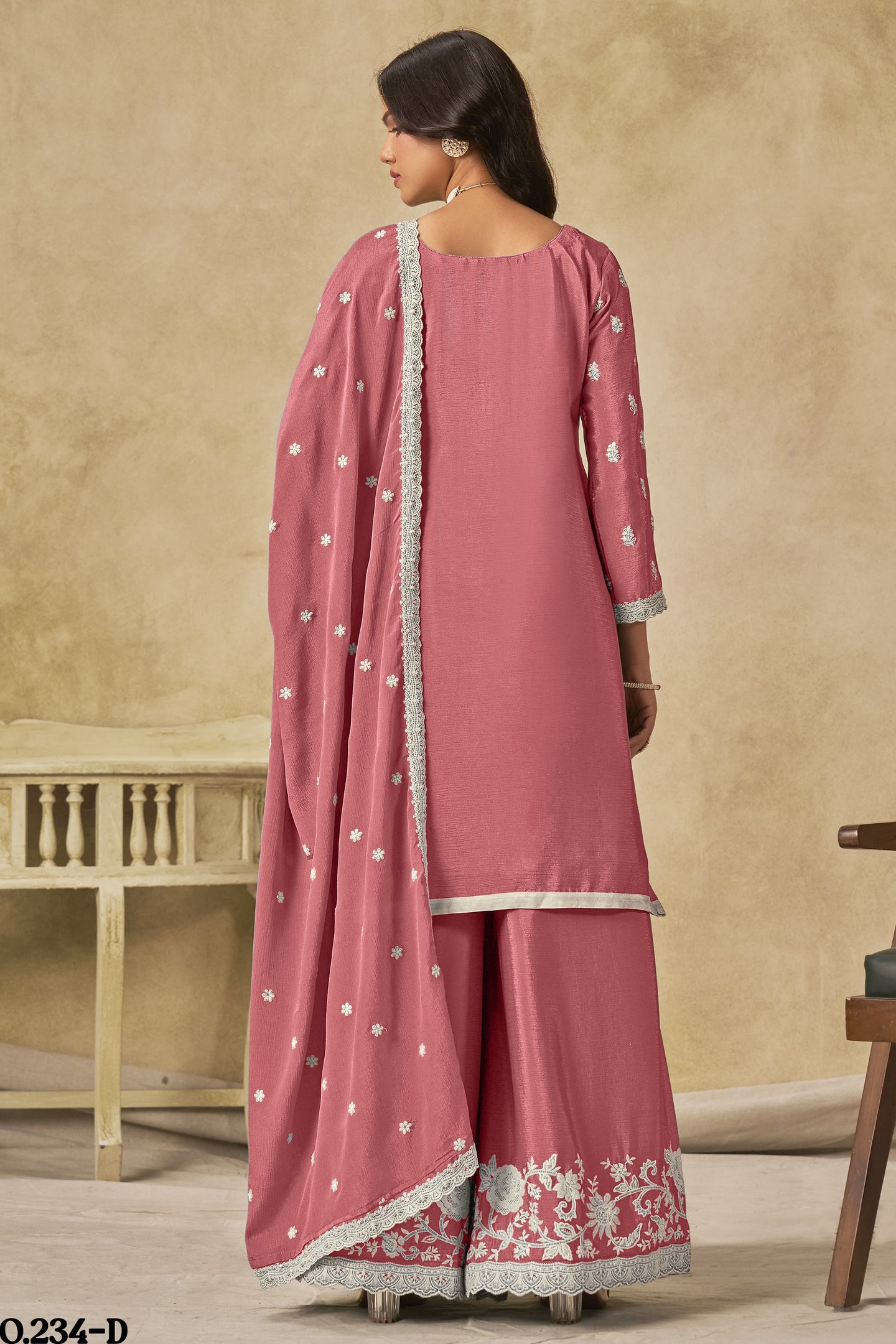 Dark Pink Chinon Silk Wedding Plazo Dress for Women with Embroidery