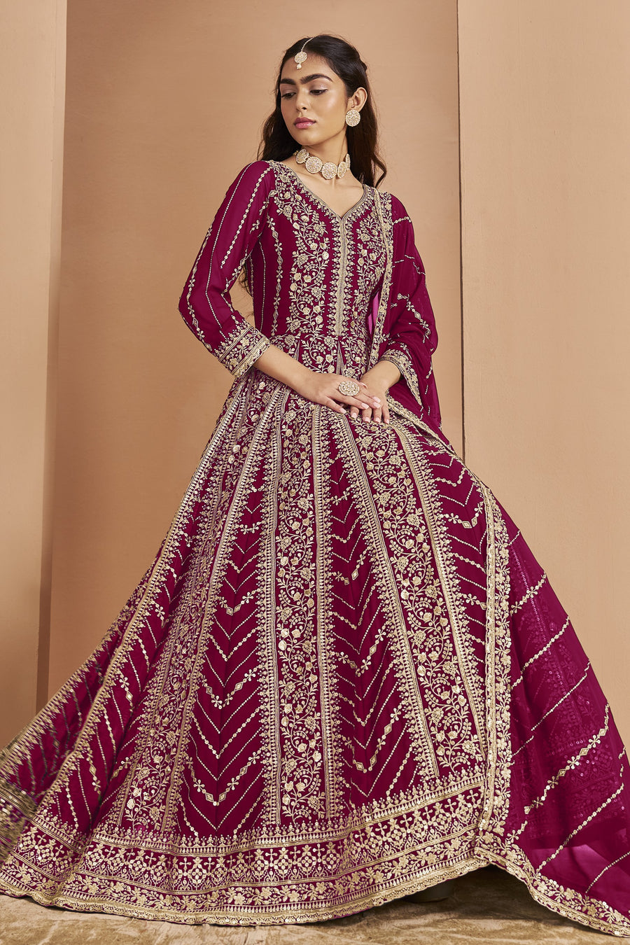 Dark Pink Georgette Anarkali Dress for Reception with Thread and Sequins Embroidery