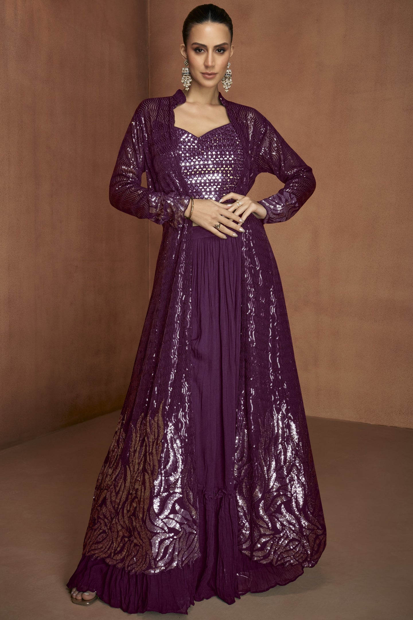Party Wear Dress Dark Purple Georgette Palazo Suit with Jacket Sequin Mirror Work