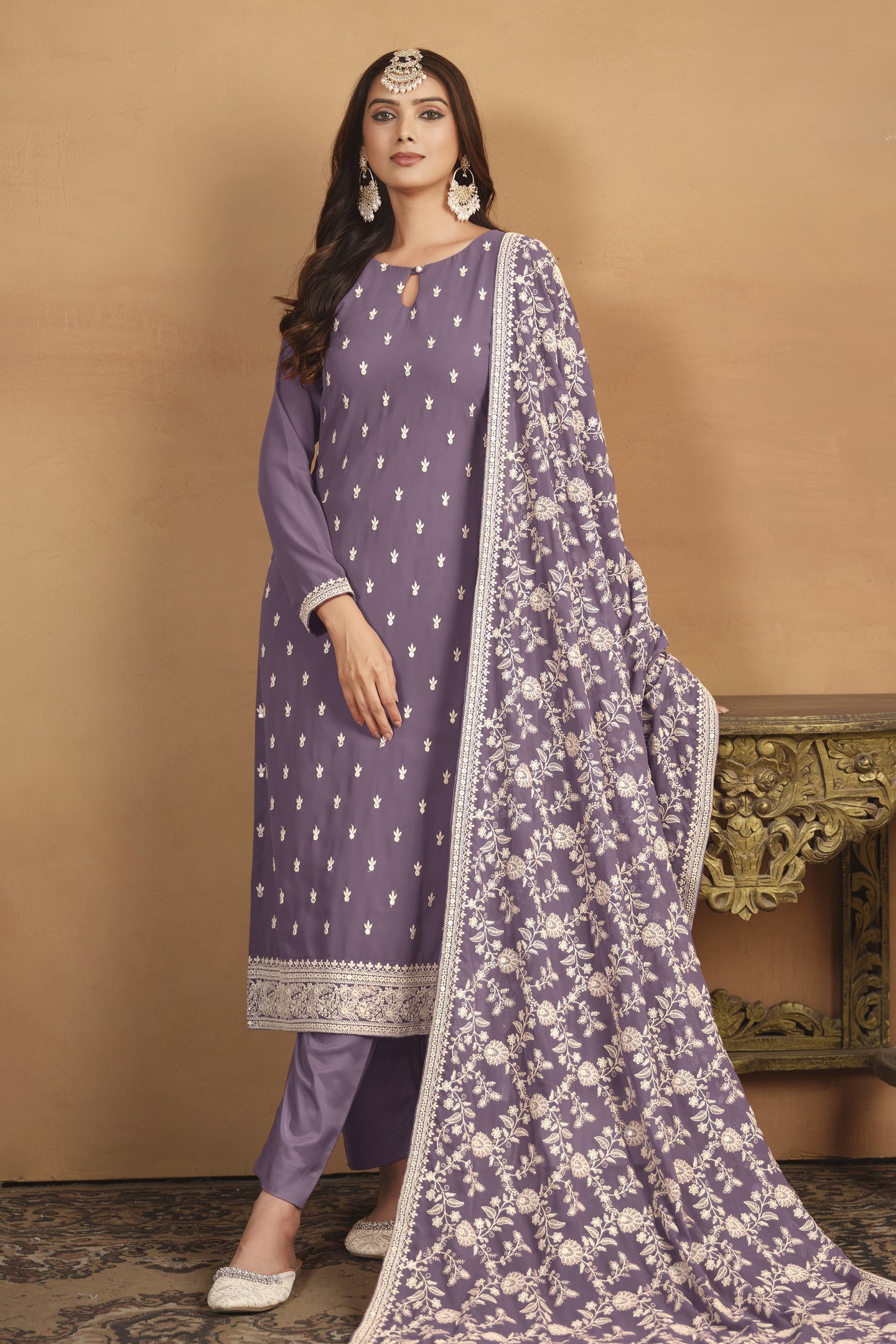 Dark Purple Georgette Embroidered Dress Womens Kameez with Pant