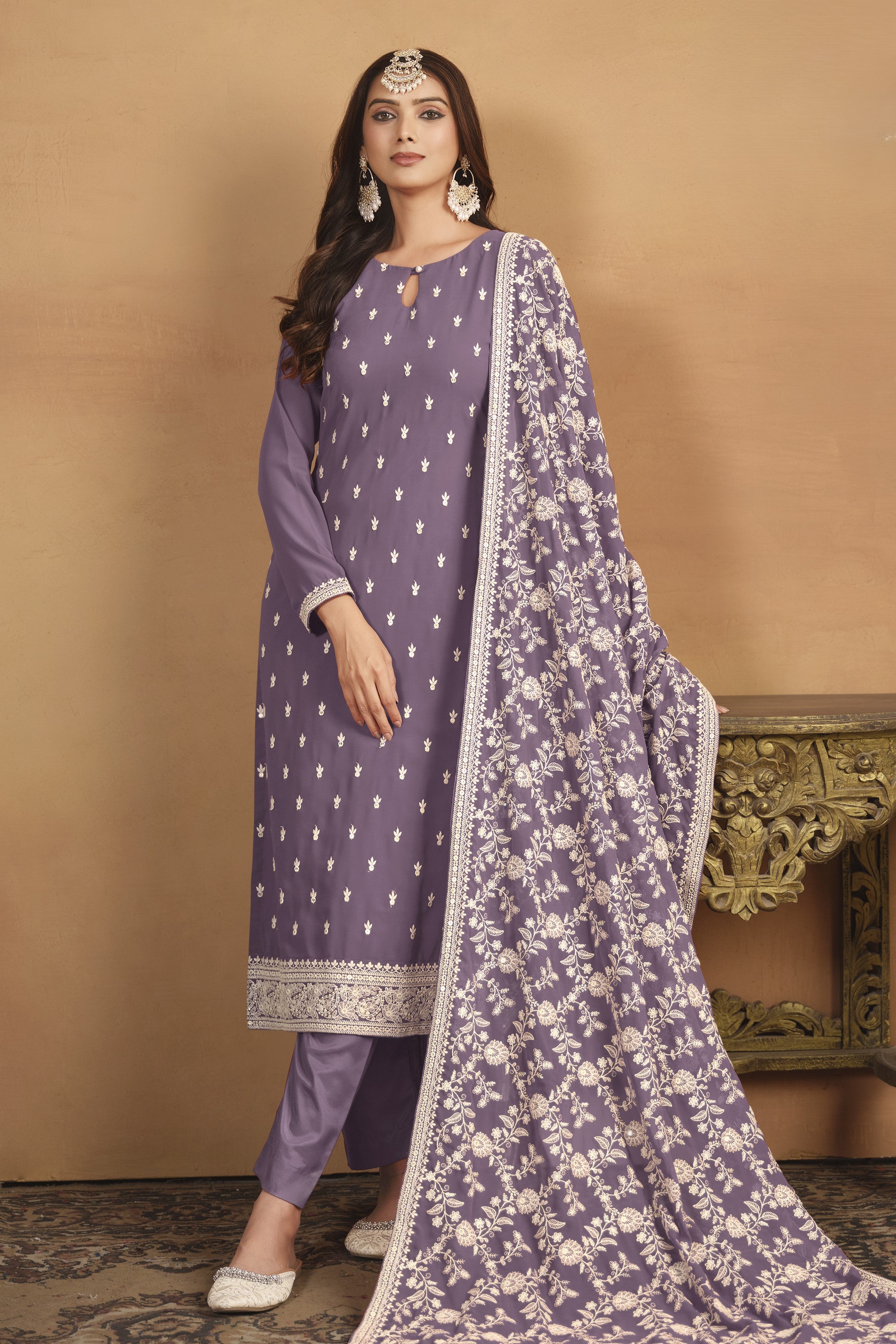 Dark Purple Georgette Embroidered Dress Womens Kameez with Pant