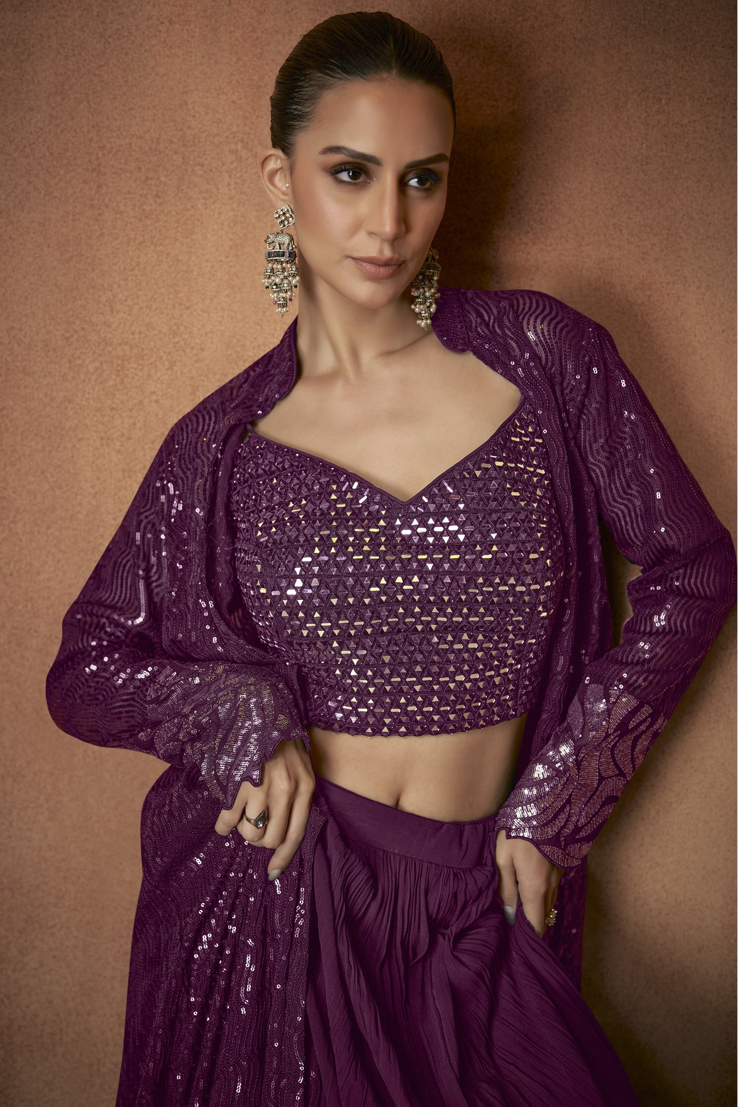 Party Wear Dress Dark Purple Georgette Palazo Suit with Jacket Sequin Mirror Work