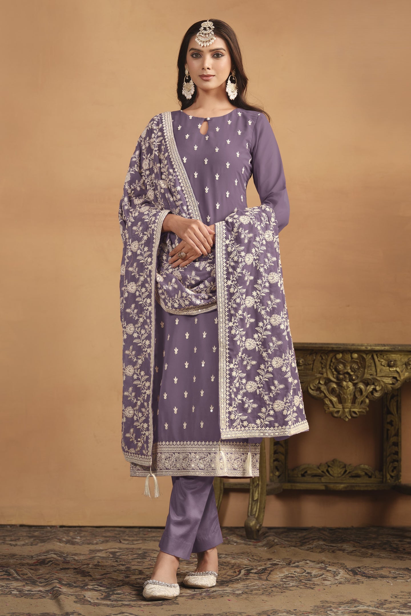 Dark Purple Georgette Embroidered Dress Womens Kameez with Pant
