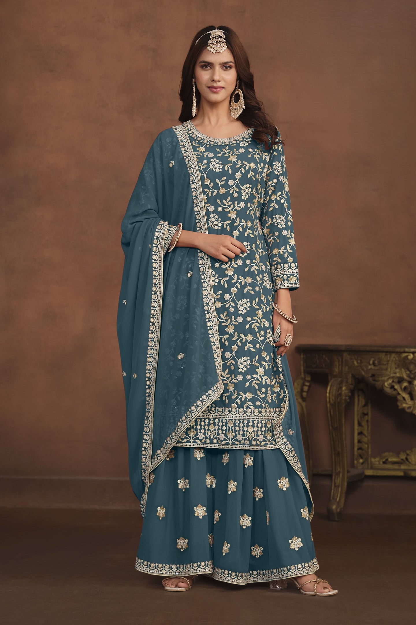 Dark Rama Georgette Sharara Suit for Women with Thread and Sequins Embroidery