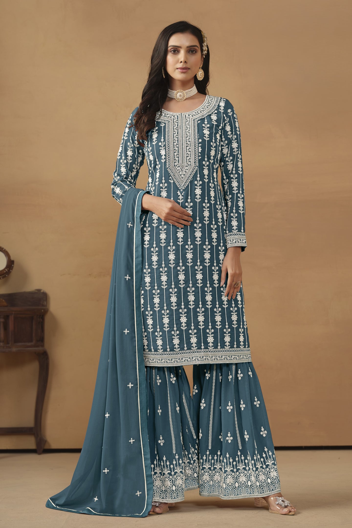 Dark Rama Georgette Pakistani Sharara Suits for Wedding with Thread Embroidery