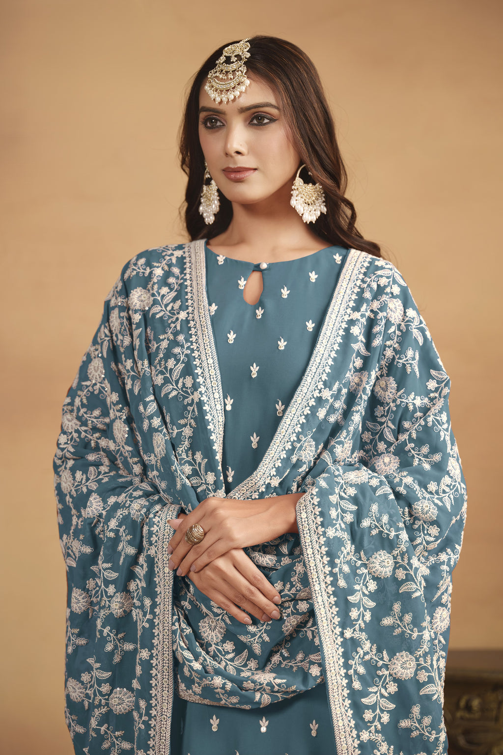 Dark Rama Georgette Embroidered Dress Womens Kameez with Pant