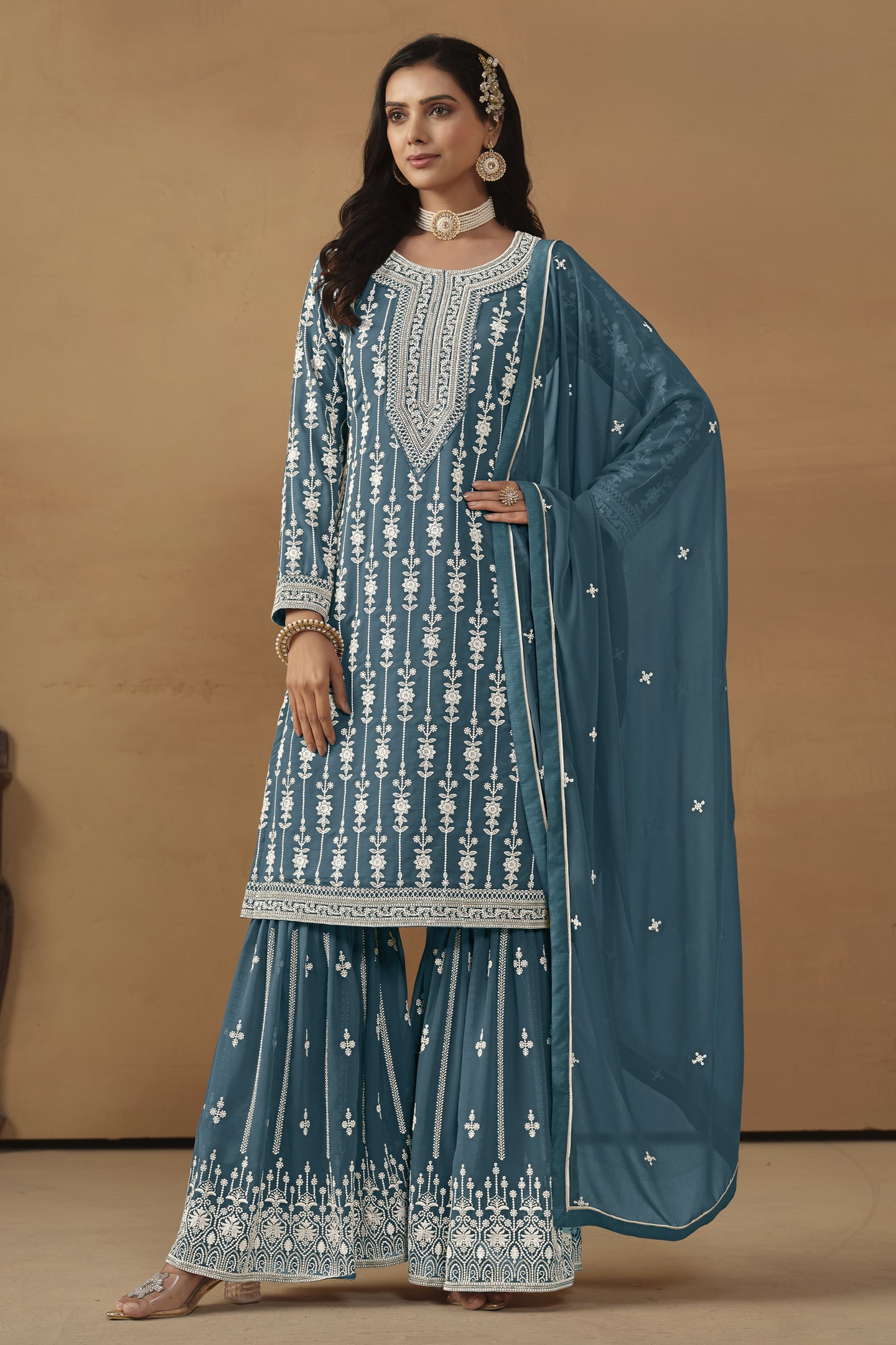 Dark Rama Georgette Pakistani Sharara Suits for Wedding with Thread Embroidery