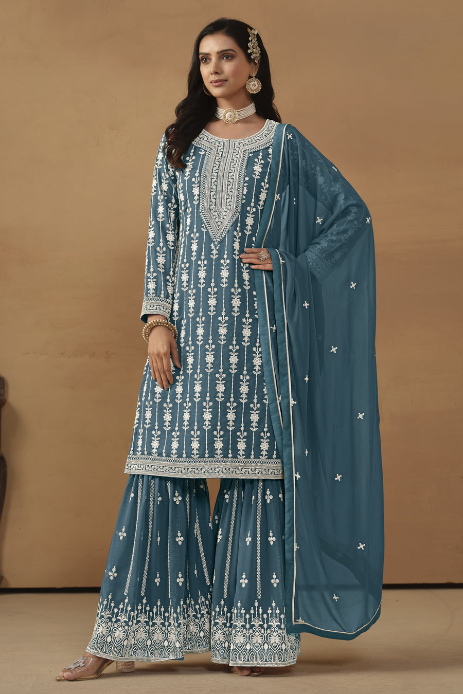 Dark Rama Georgette Pakistani Sharara Suits for Wedding with Thread Embroidery