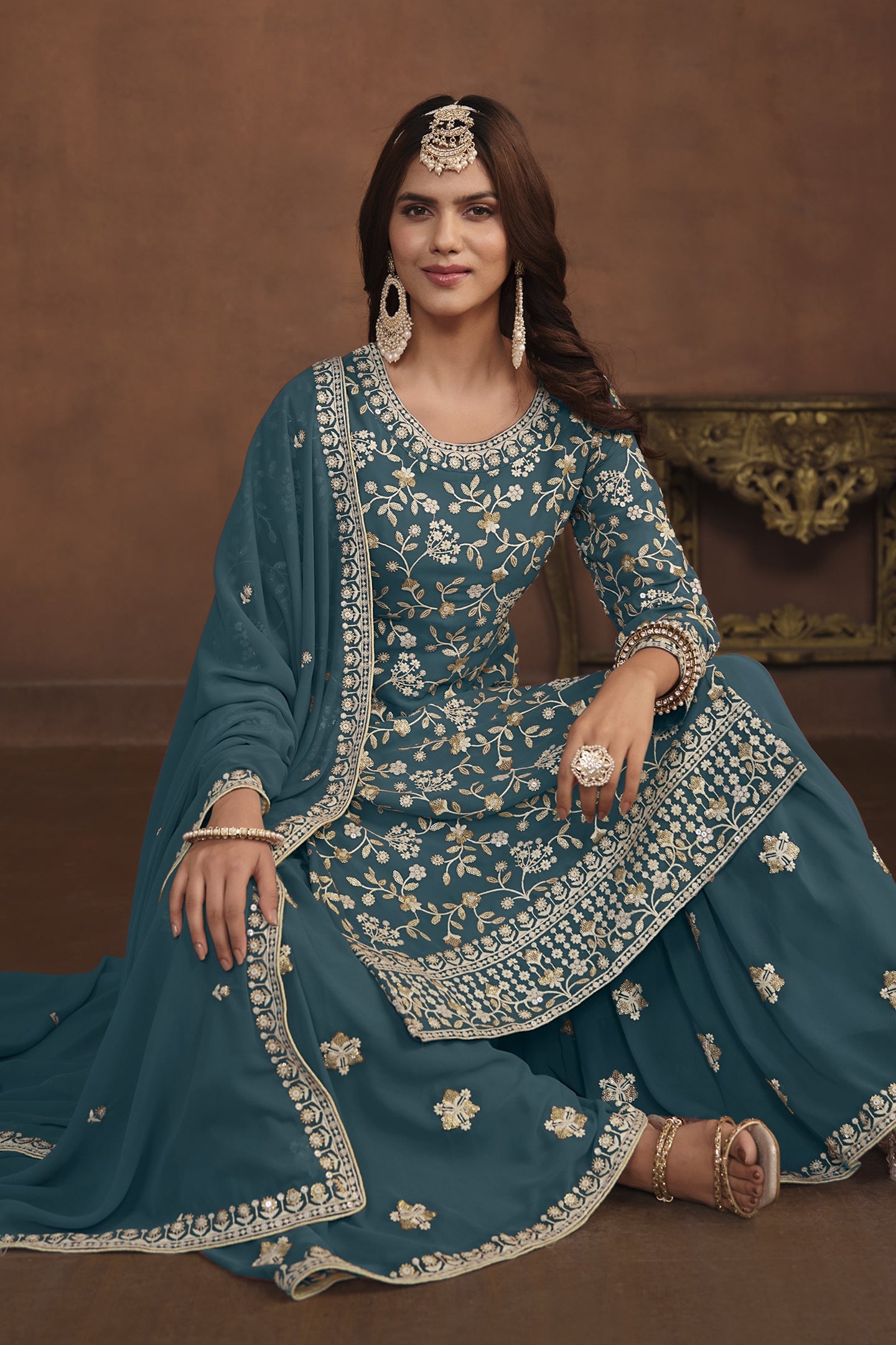 Dark Rama Georgette Sharara Suit for Women with Thread and Sequins Embroidery