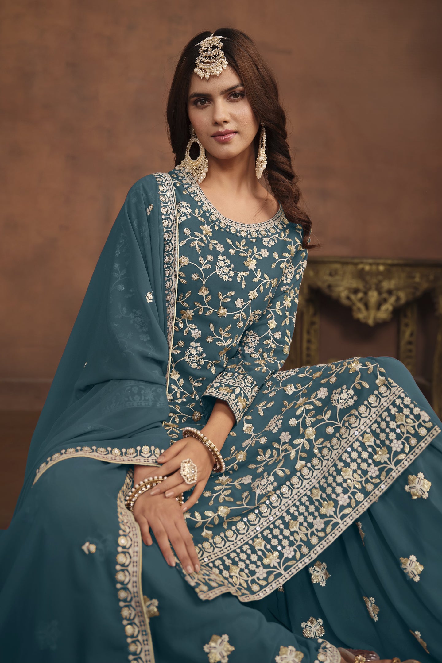 Dark Rama Georgette Sharara Suit for Women with Thread and Sequins Embroidery