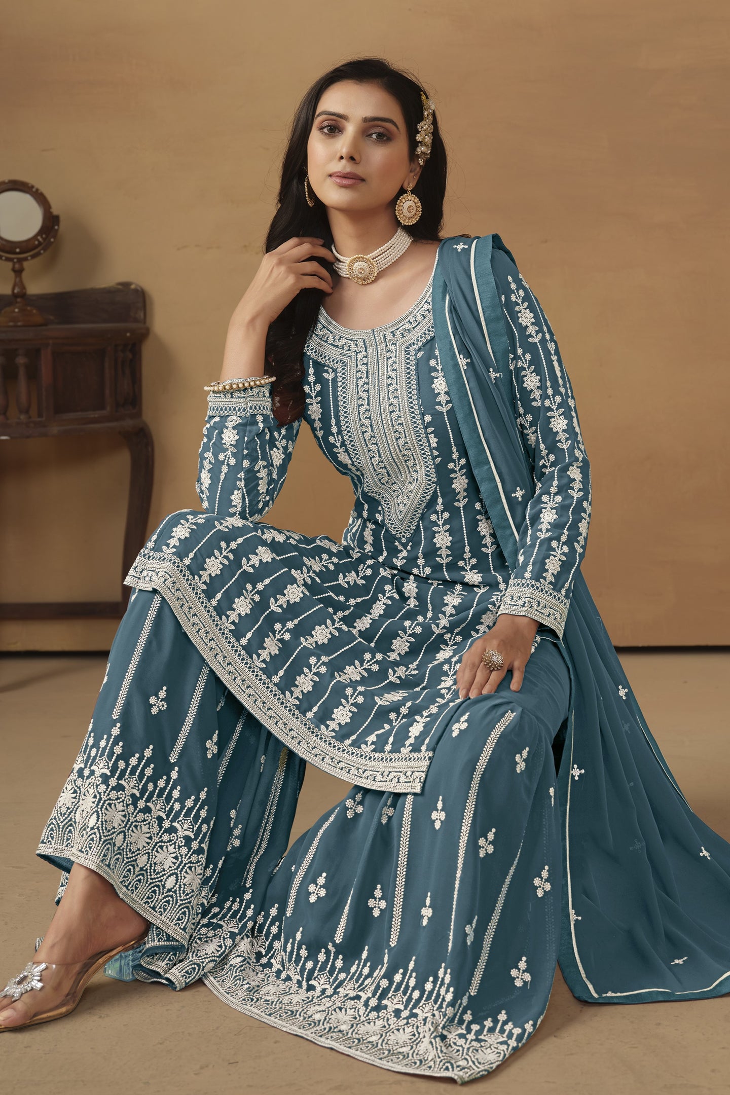 Dark Rama Georgette Pakistani Sharara Suits for Wedding with Thread Embroidery