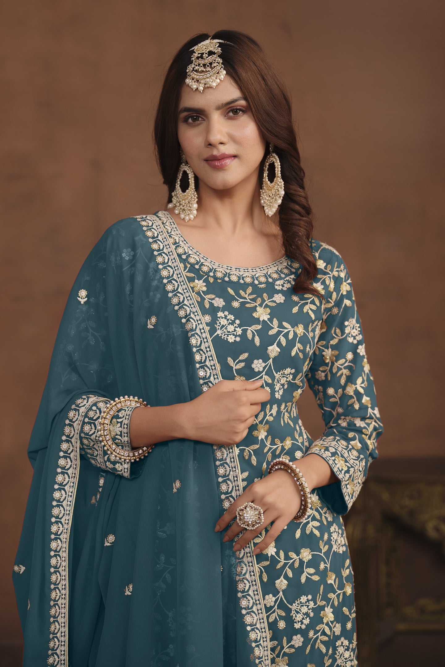Dark Rama Georgette Sharara Suit for Women with Thread and Sequins Embroidery