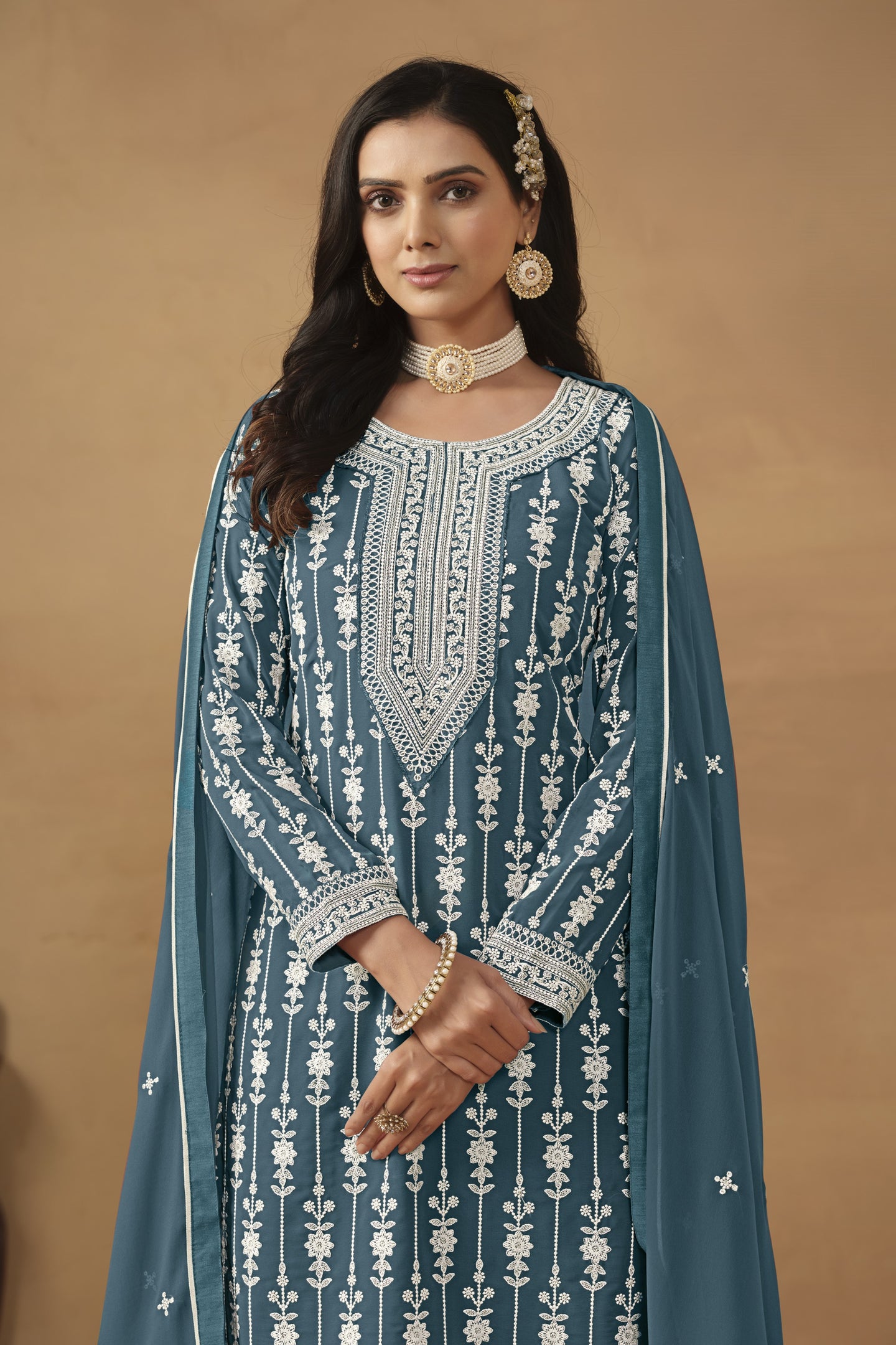 Dark Rama Georgette Pakistani Sharara Suits for Wedding with Thread Embroidery