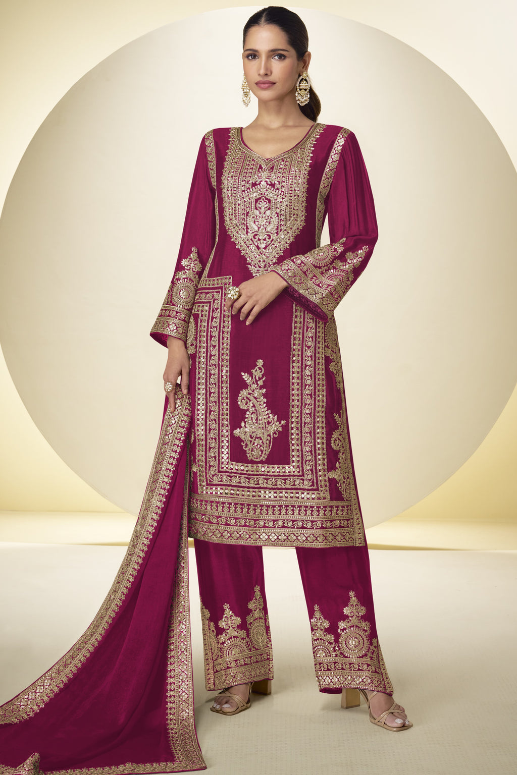 Dark Pink Wedding Outfits: Chinon Silk Kameez & Sequin Pant