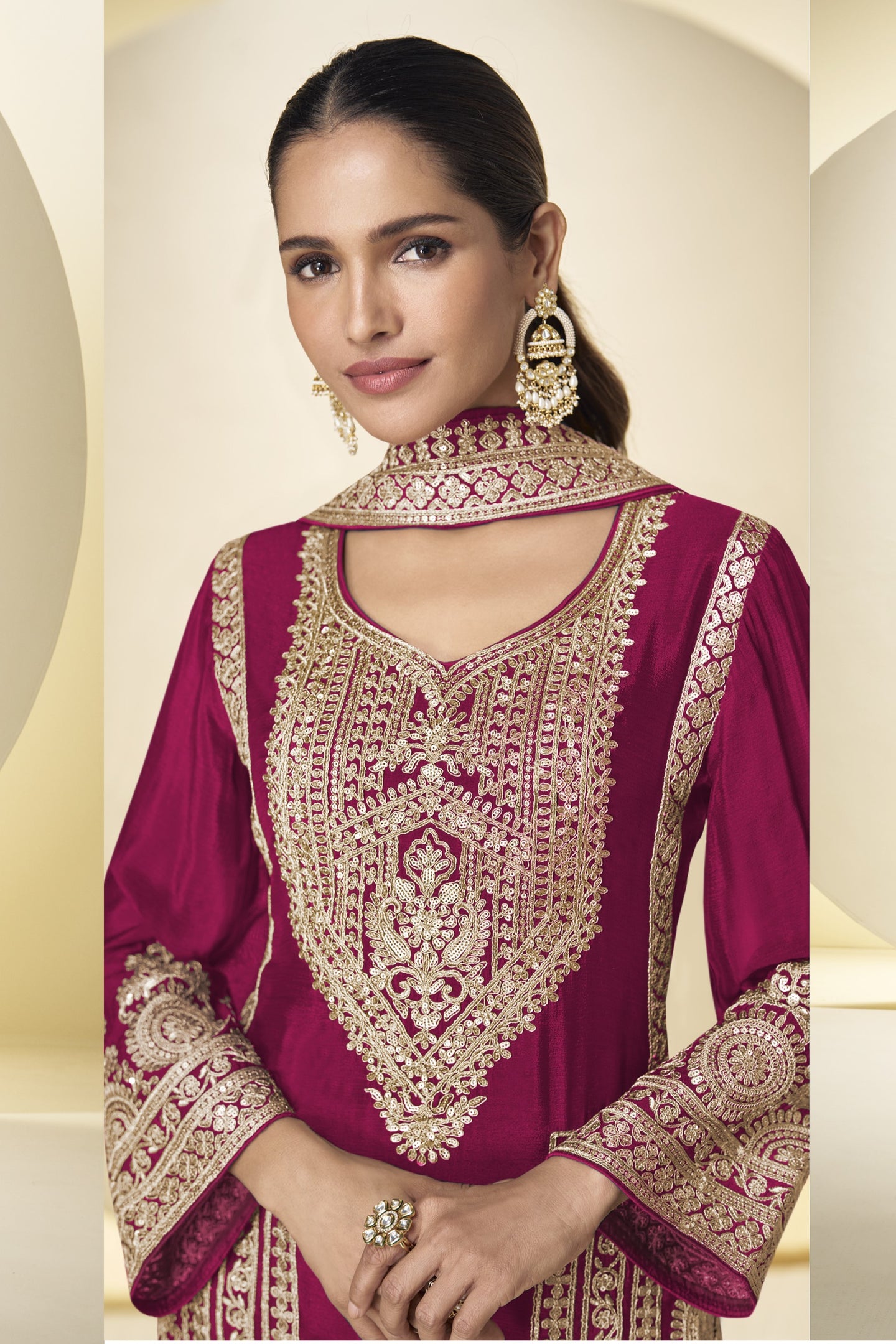 Dark Pink Wedding Outfits: Chinon Silk Kameez & Sequin Pant