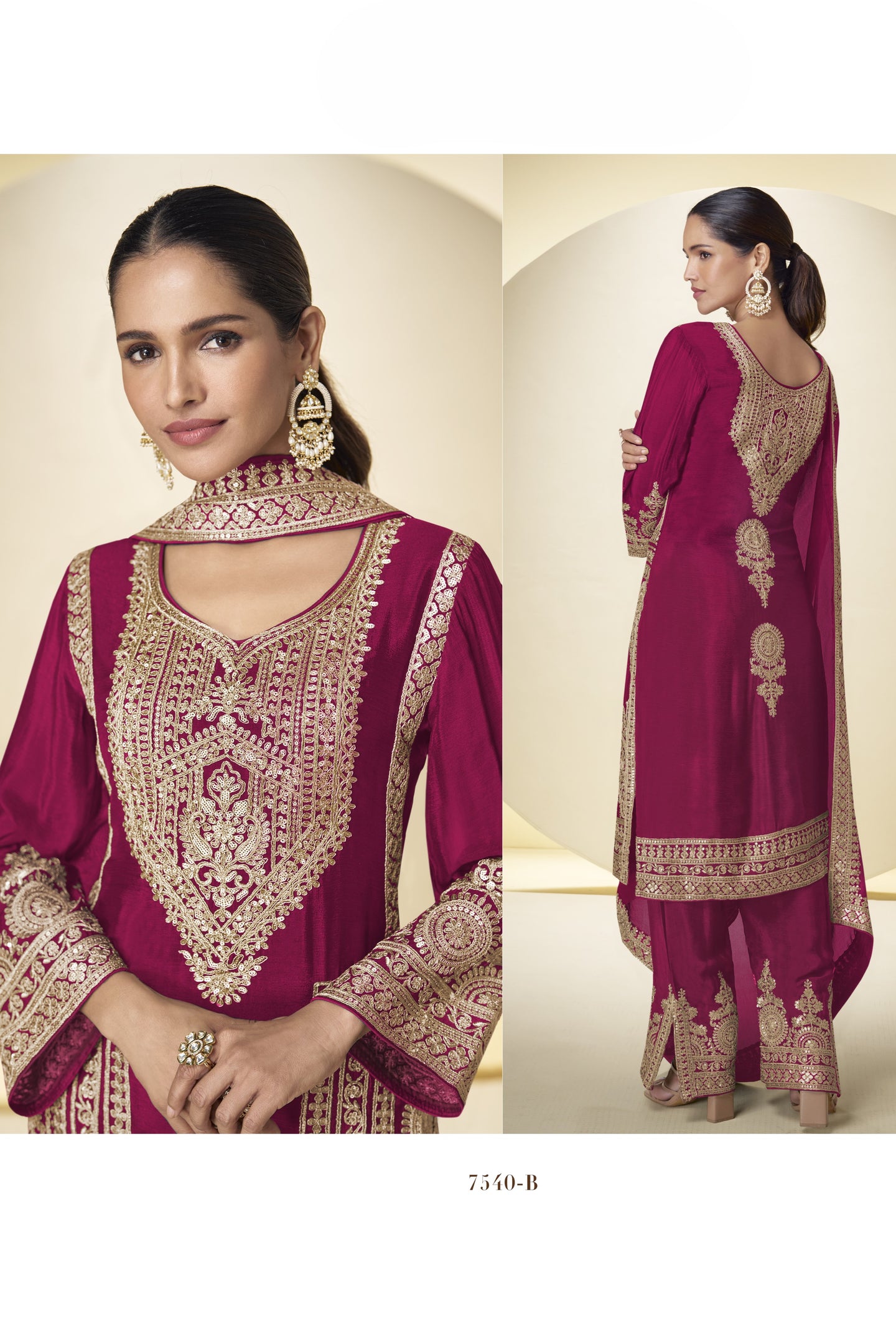 Dark Pink Wedding Outfits: Chinon Silk Kameez & Sequin Pant
