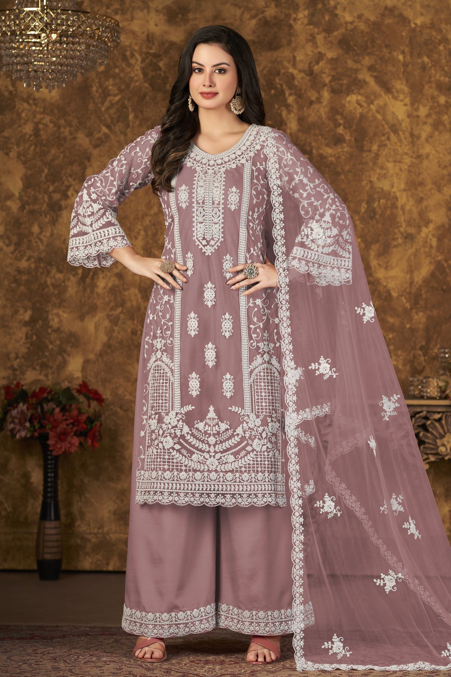 Dark Rose Net Plazo Pakistani Style Wedding Dresses with Thread Embroidery Work