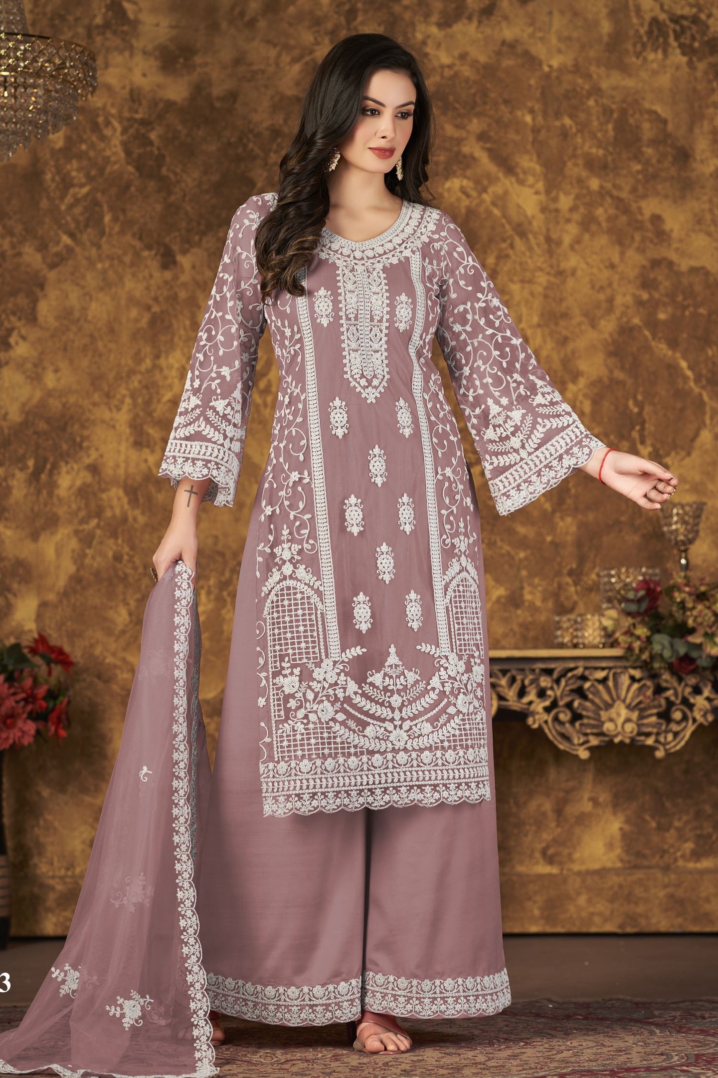 Dark Rose Net Plazo Pakistani Style Wedding Dresses with Thread Embroidery Work