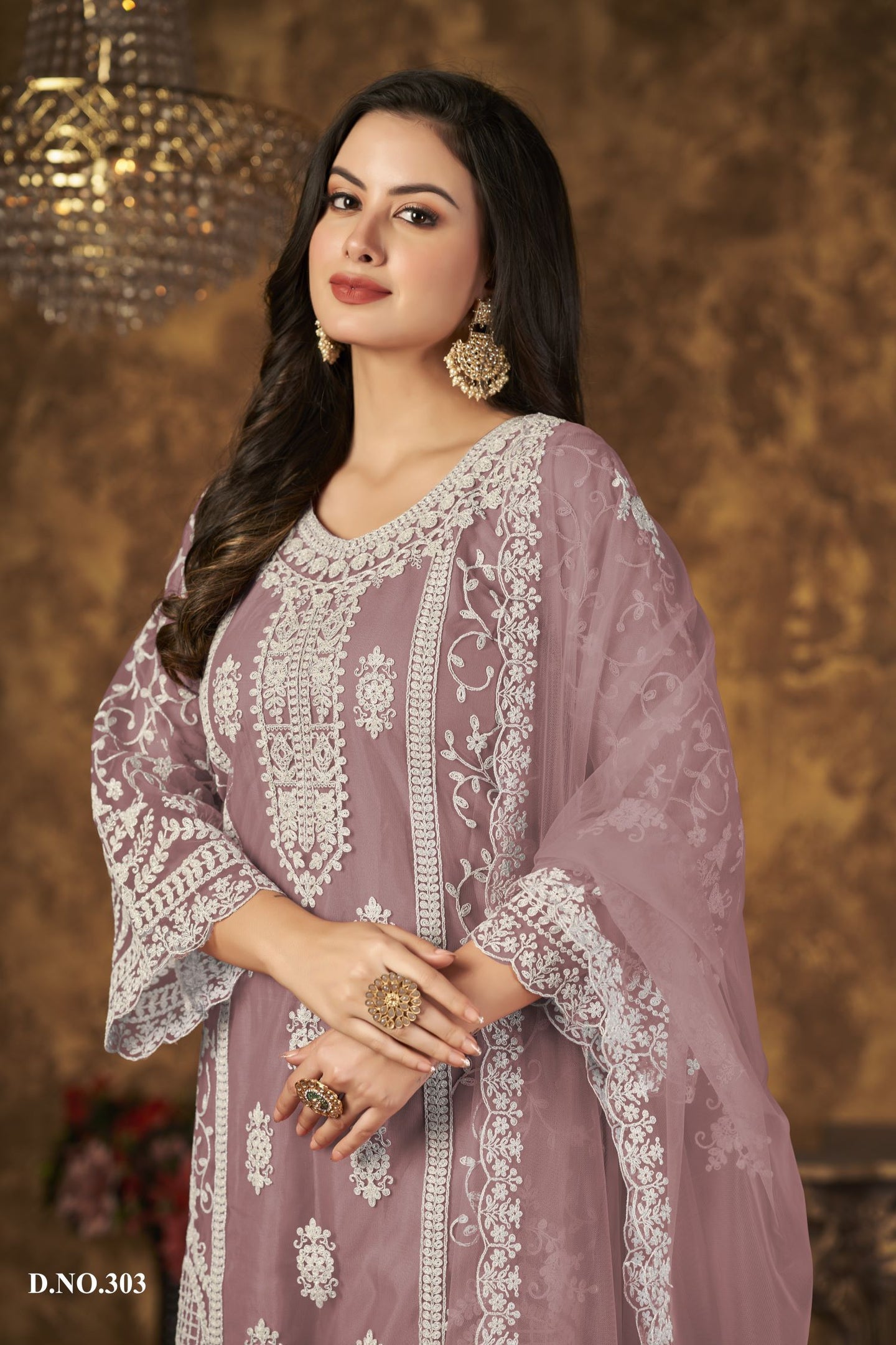 Dark Rose Net Plazo Pakistani Style Wedding Dresses with Thread Embroidery Work