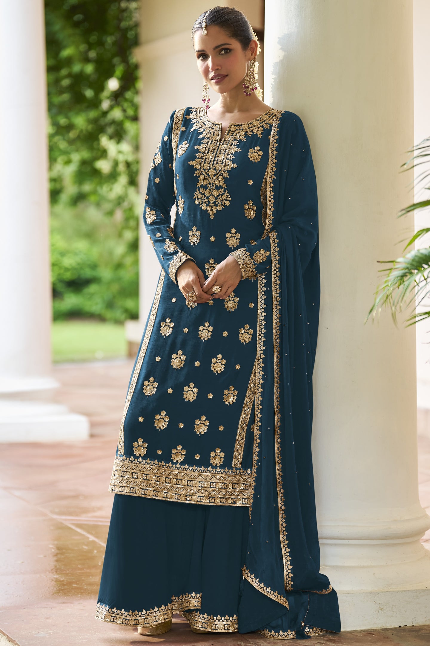 Straight Cut Pakistani Suit with Dark Teal Chinon Silk Sequins Thread Work