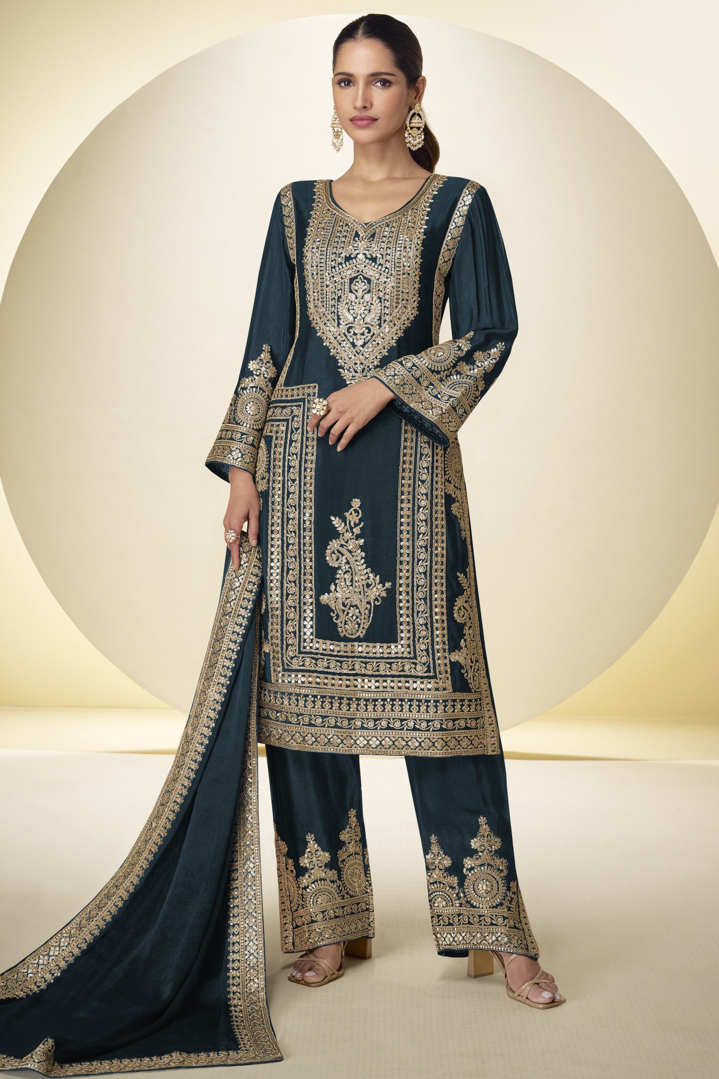 Dark Teal Wedding Outfits: Chinon Silk Sequin Kameez & Pant