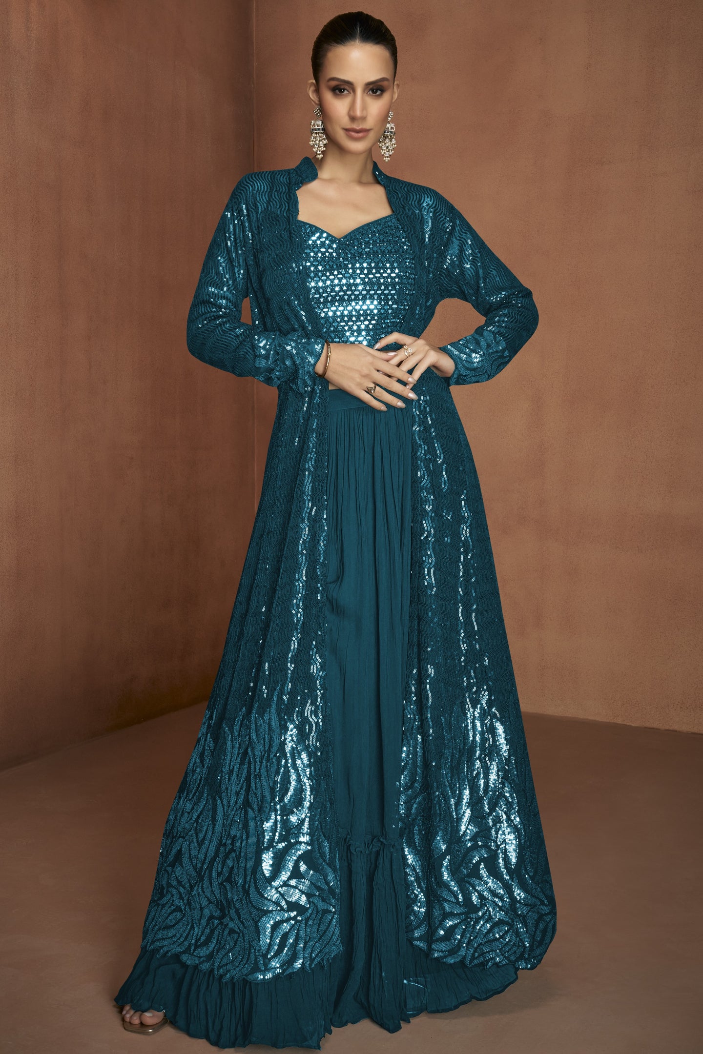 Party Wear Dress with Dark Teal Georgette Palazzo Suit and Jacket