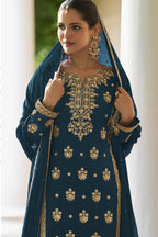 Straight Cut Pakistani Suit with Dark Teal Chinon Silk Sequins Thread Work